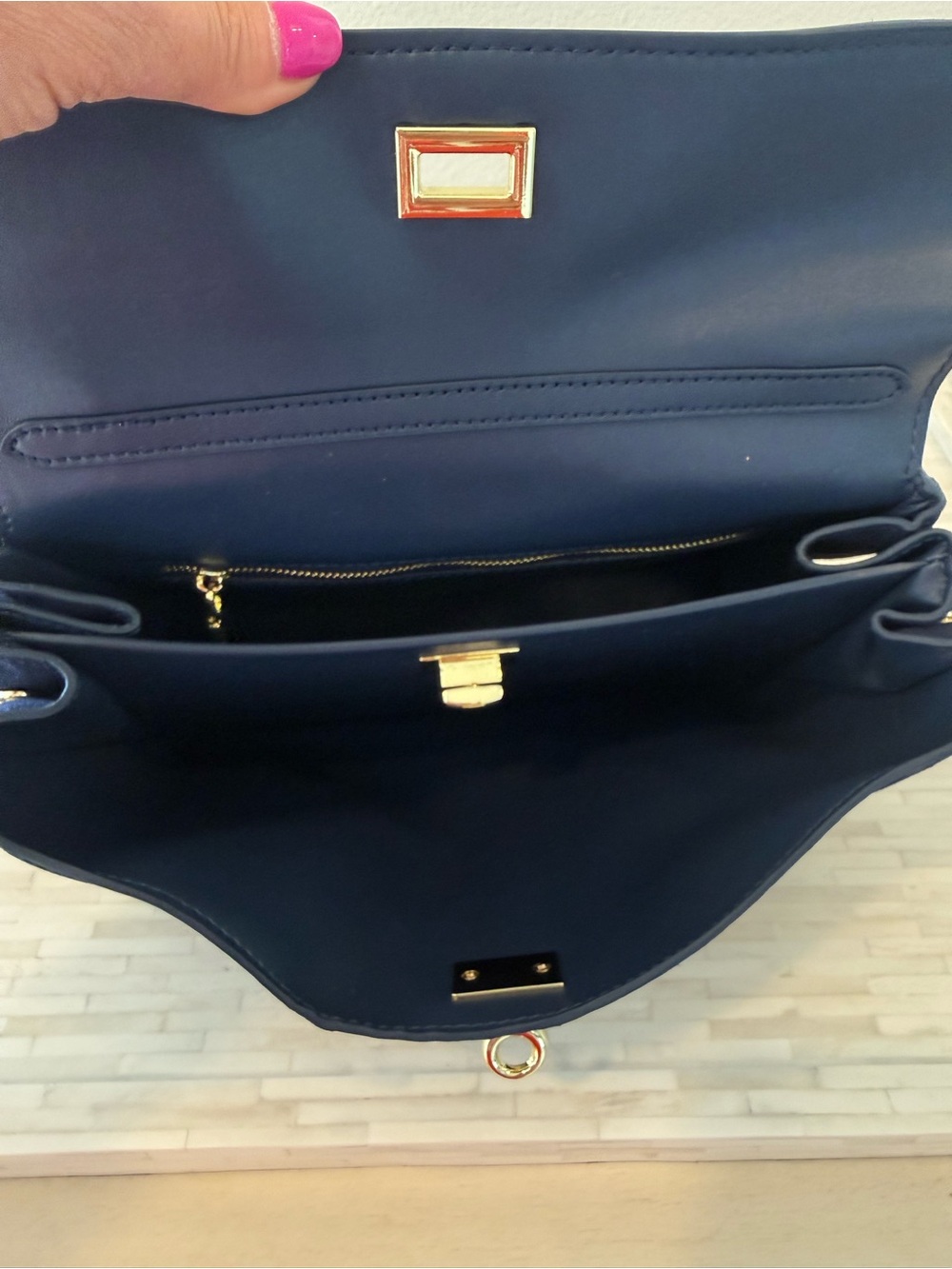 Navy Suede Top-Handle Satchel with Gold Hardware - Picture 3 of 6
